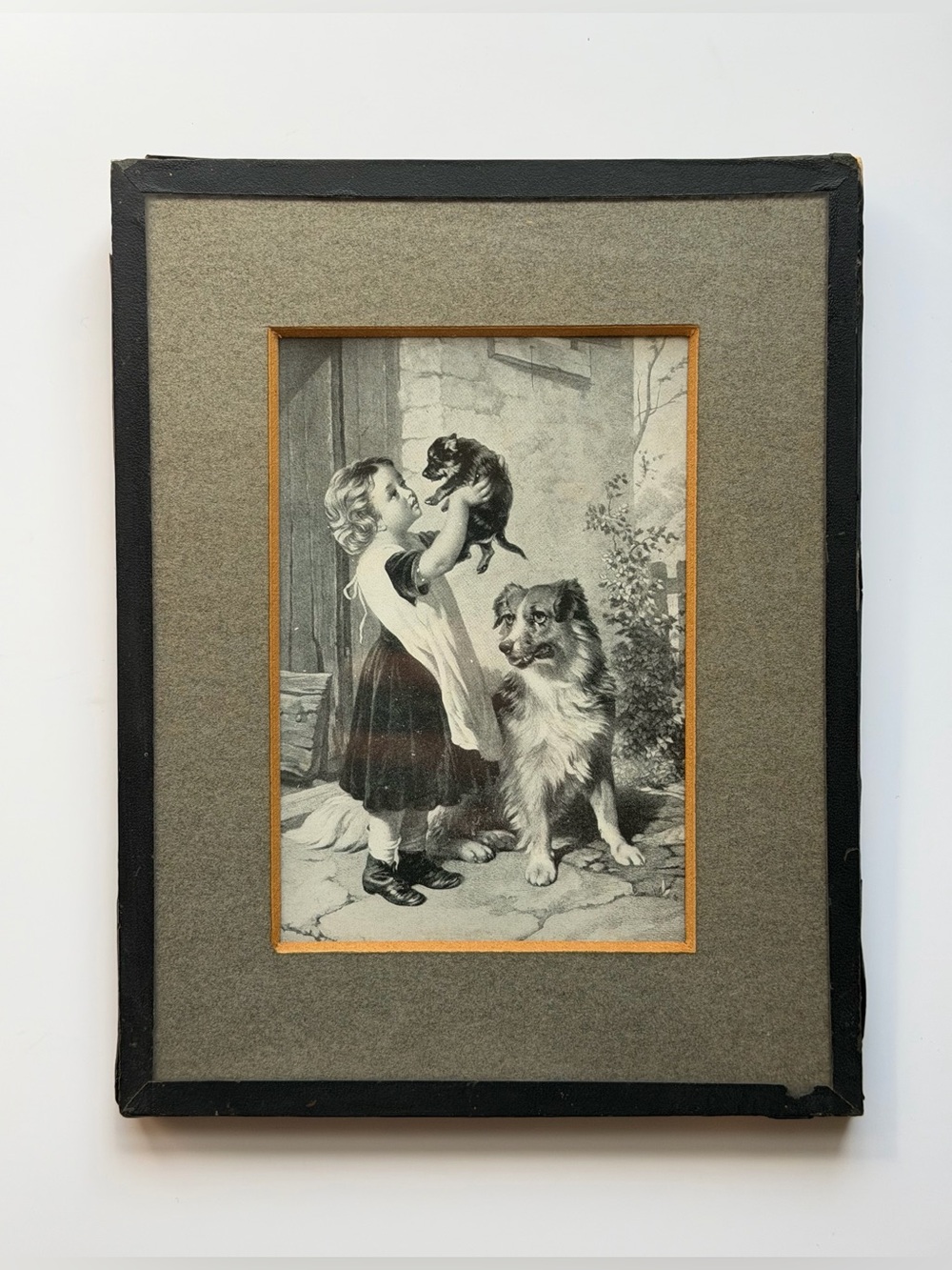 Antique Child w/ Dogs Framed and Matted Print George Augustus Holmes “Kiss Me”